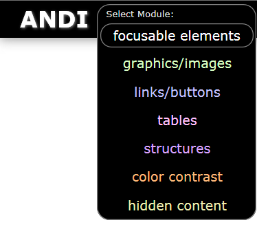 ANDI Module Launch Buttons: focusable elements, graphics/images, links, tables, structures, color contrast, hidden content
