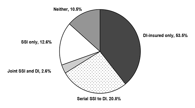 Pie chart showing DI-insured only equals 53.5%, serial SSI to DI equals 20.8%, joint SSI and DI equals 2.6%, SSI only equals 12.6%, and neither equals 10.5%.